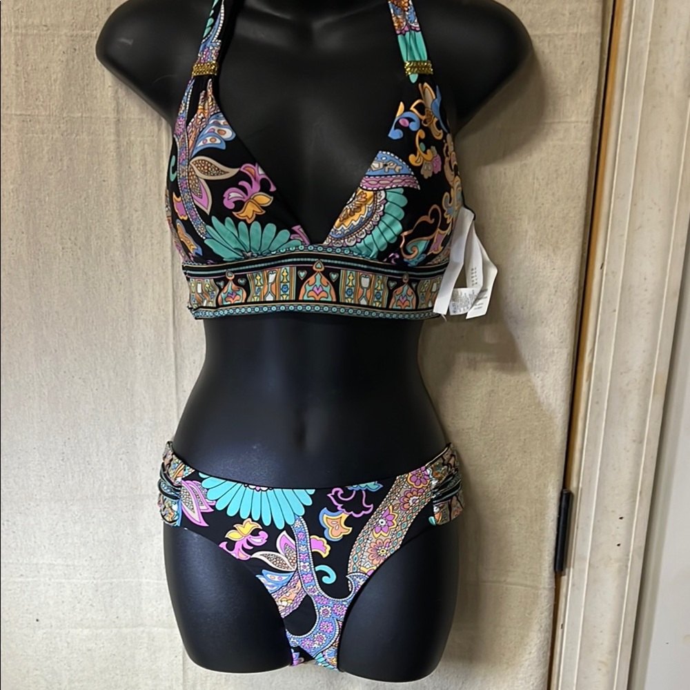 Black and Blue Halter Bikini Set with Decorative Straps